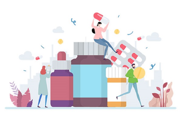 Illustration of oversized medication bottle with people on it